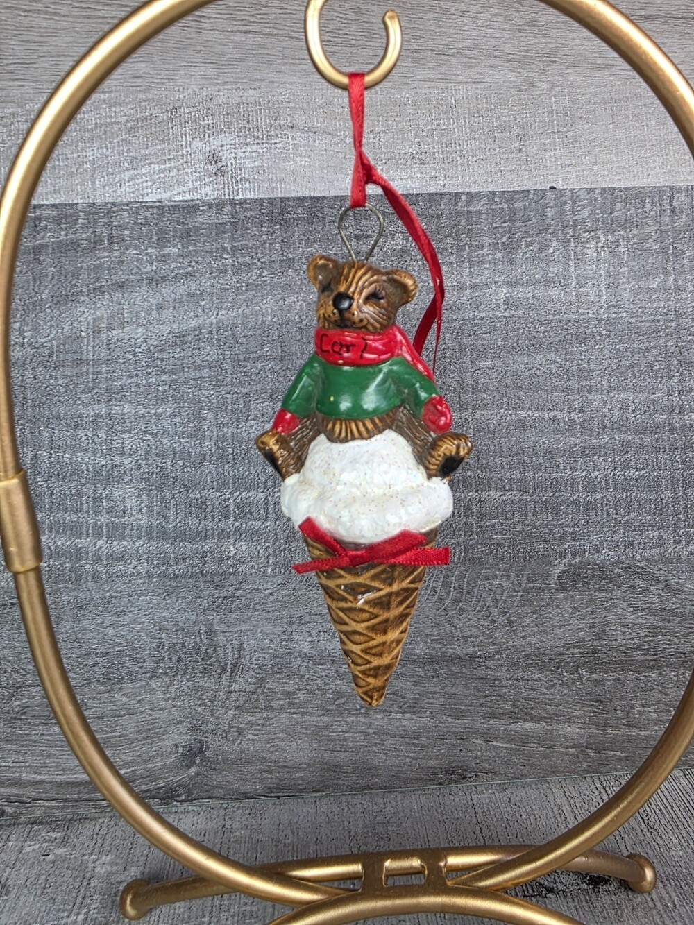 Christmas Teddy Bear Ornament on Ice Cream Cone 5" Ceramic Carl g71b6